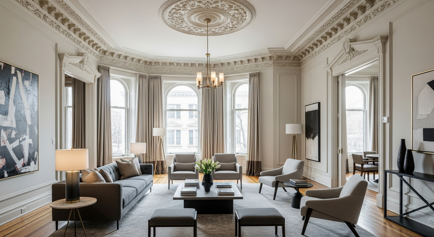 Restored Victorian Denver home interior with high ceilings, historic detail, and tasteful modern luxury furnishings